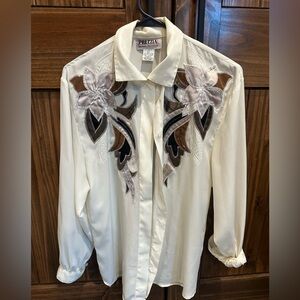 Women's Cream Button Down Shirt with Floral Embroidery